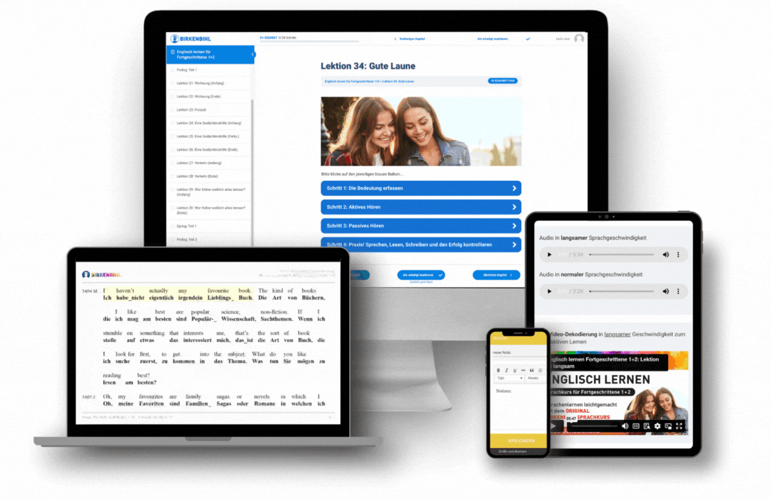 Übersicht der Endgeräte für den Original Birkenbihl Online Sprachkurs Englisch für Fortgeschrittene mit einem Beispiel der Dekodierung.