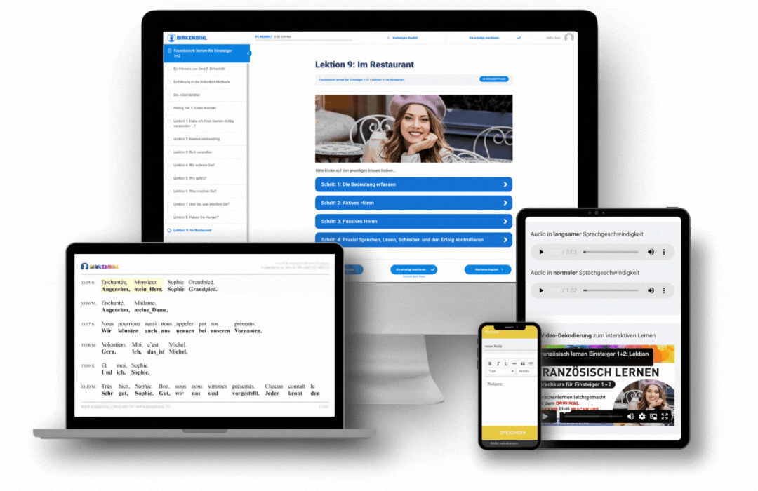 Original Vera Birkenbihl Online Sprachkurs Franzoesisch Einsteiger PC | Klarsicht Verlag Übersicht der Endgeräte für den Original Birkenbihl Online Sprachkurs Französisch für Einsteiger mit einem Beispiel der Dekodierung.