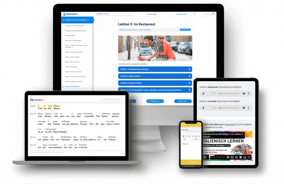 Original Vera Birkenbihl Online Sprachkurs Italienisch Einsteiger PC | Klarsicht-Verlag Übersicht der Endgeräte für den Original Birkenbihl Online Sprachkurs Italienisch für Einsteiger mit einem Beispiel der Dekodierung.