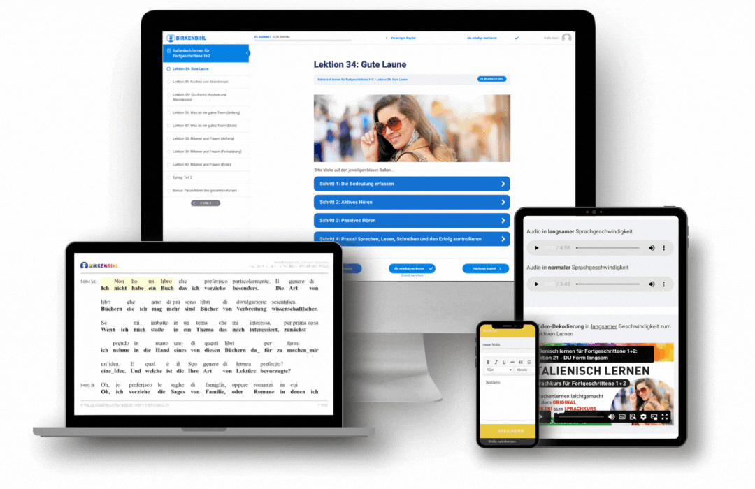 Original Vera Birkenbihl Online Sprachkurs Italienisch Fortgeschrittene PC | Klarsicht Verlag Übersicht der Endgeräte für den Original Birkenbihl Online Sprachkurs Italienisch für Fortgeschrittene mit einem Beispiel der Dekodierung.