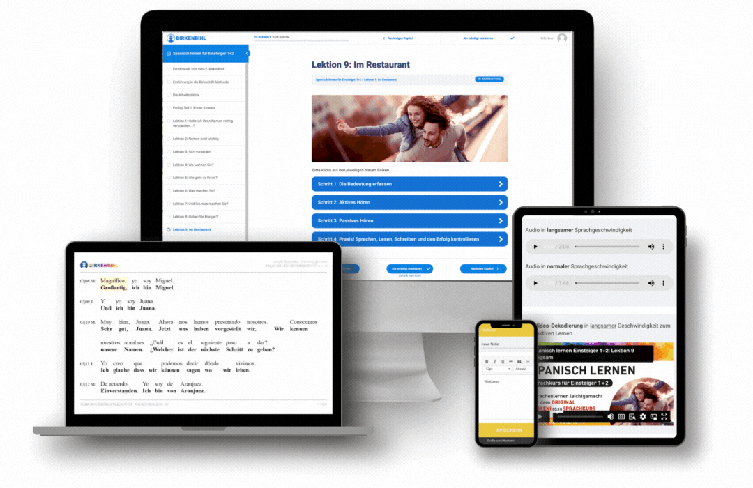 Original Vera Birkenbihl Online Sprachkurs Spanisch Einsteiger PC | Klarsicht Verlag Uebersicht der Endgeräte für die Original Birkenbihl Online Sprachkurse mit einem Beispiel fuer die Dekodierung.