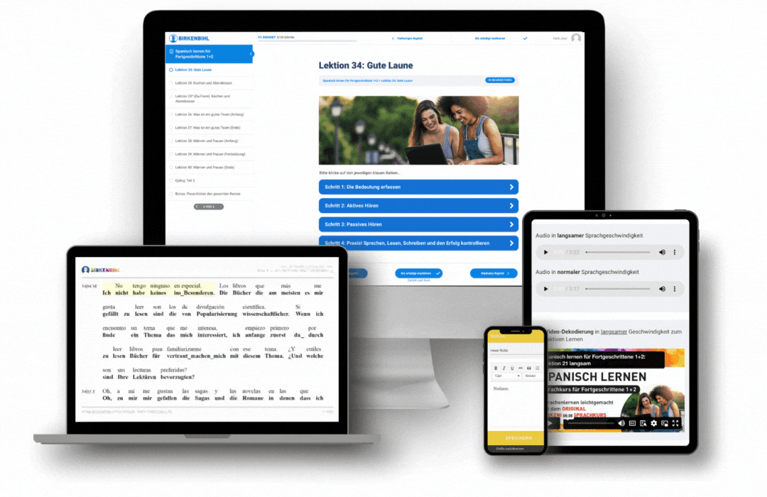 Original Vera Birkenbihl Online Sprachkurs Spanisch Fortgeschrittene PC | Klarsicht Verlag Übersicht der Endgeräte für den Original Birkenbihl Online Sprachkurs Spanisch für Fortgeschrittene mit einem Beispiel der Dekodierung.