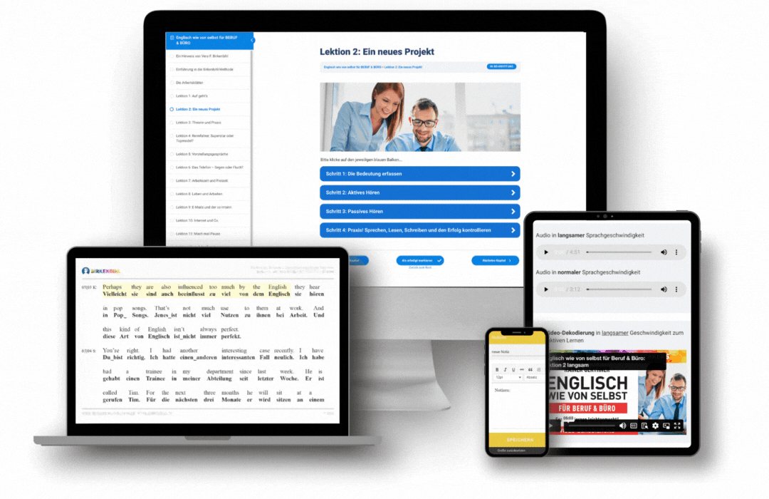 Übersicht der Endgeräte für den Original Birkenbihl Online Sprachkurs Englisch für Beruf und Büro mit einem Beispiel der Dekodierung.