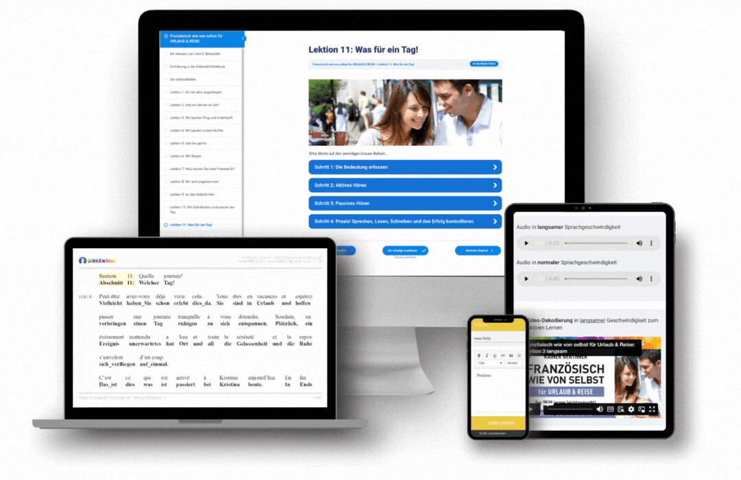 Original Vera Birkenbihl Online Sprachkurs Franzoesisch Reise PC | Klarsicht Verlag Übersicht der Endgeräte für den Original Birkenbihl Online Sprachkurs Französisch für Urlaub und Reise mit einem Beispiel der Dekodierung.