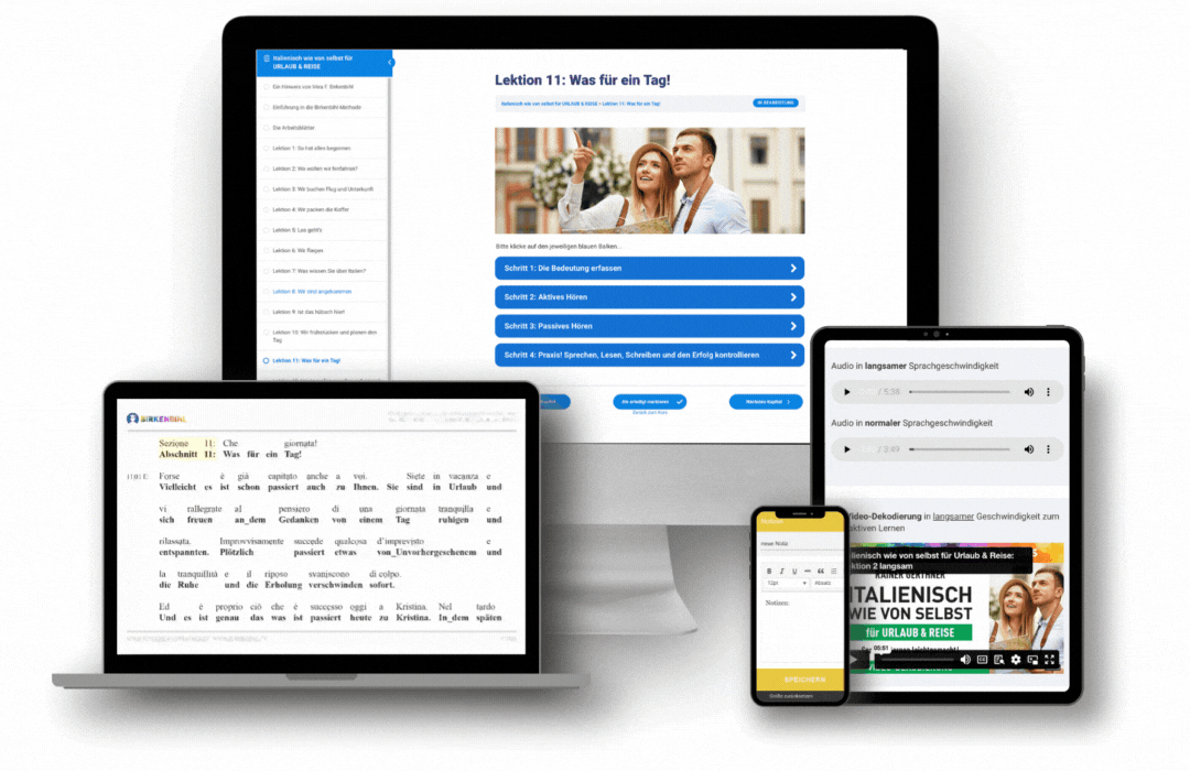 Original Vera Birkenbihl Online Sprachkurs Italienisch Reise PC | Klarsicht Verlag Übersicht der Endgeräte für den Original Birkenbihl Online Sprachkurs Italienisch für Urlaub und Reise mit einem Beispiel der Dekodierung.