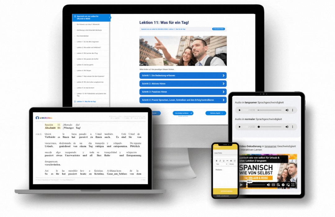 Original Vera Birkenbihl Online Sprachkurs Spanisch Reise PC | Klarsicht Verlag Übersicht der Endgeräte für den Original Birkenbihl Online Sprachkurs Spanisch für Urlaub und Reise mit einem Beispiel der Dekodierung.