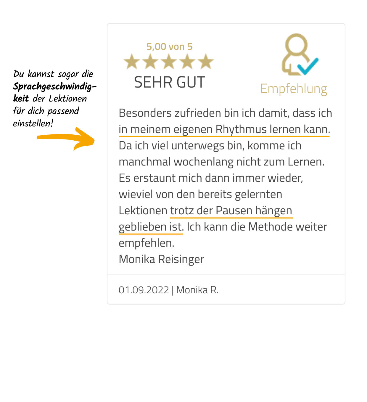 1-Vera-Birkenbihl-Online-Sprachkurs-5-Sterne-Kundenrezension-Klarsicht-Verlag 5-Sterne Rezension einer zufriedenen Birkenbihl Sprachkurs Kundin, welche den eigenen Lernrhythmus und den nachhaltigen Lernerfolg besonders lobt.