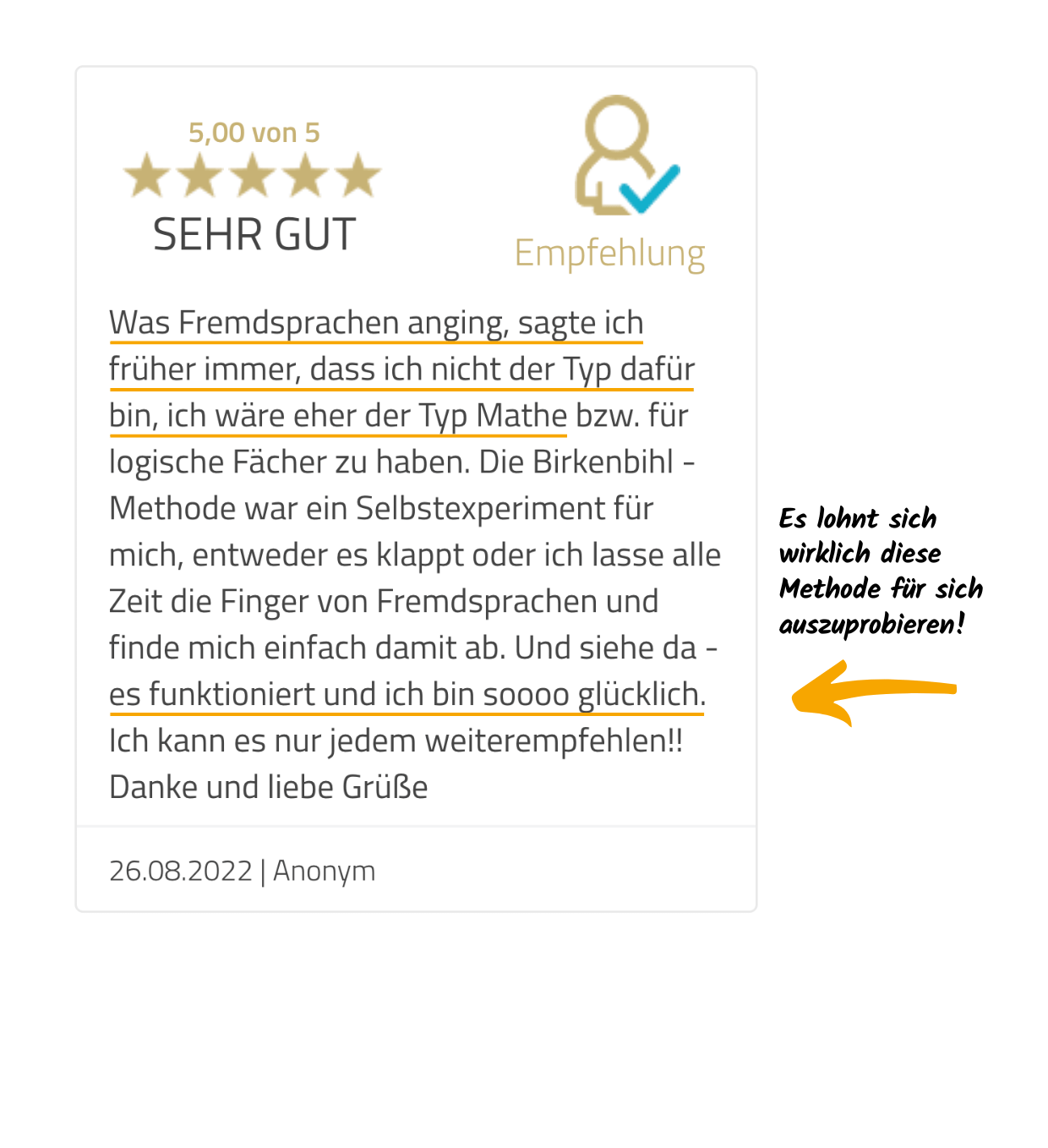 12-Vera-Birkenbihl-Online-Sprachkurs-5-Sterne-Kundenrezension-Klarsicht-Verlag 5-Sterne Rezension eines zufriedenen Birkenbihl-Sprachkurs Kunden, welcher sehr glücklich ist anhand der Birkenbihl Methode eine Fremdsprache zu lernen obwohl er von sich dachte, er könne dies generell nicht.