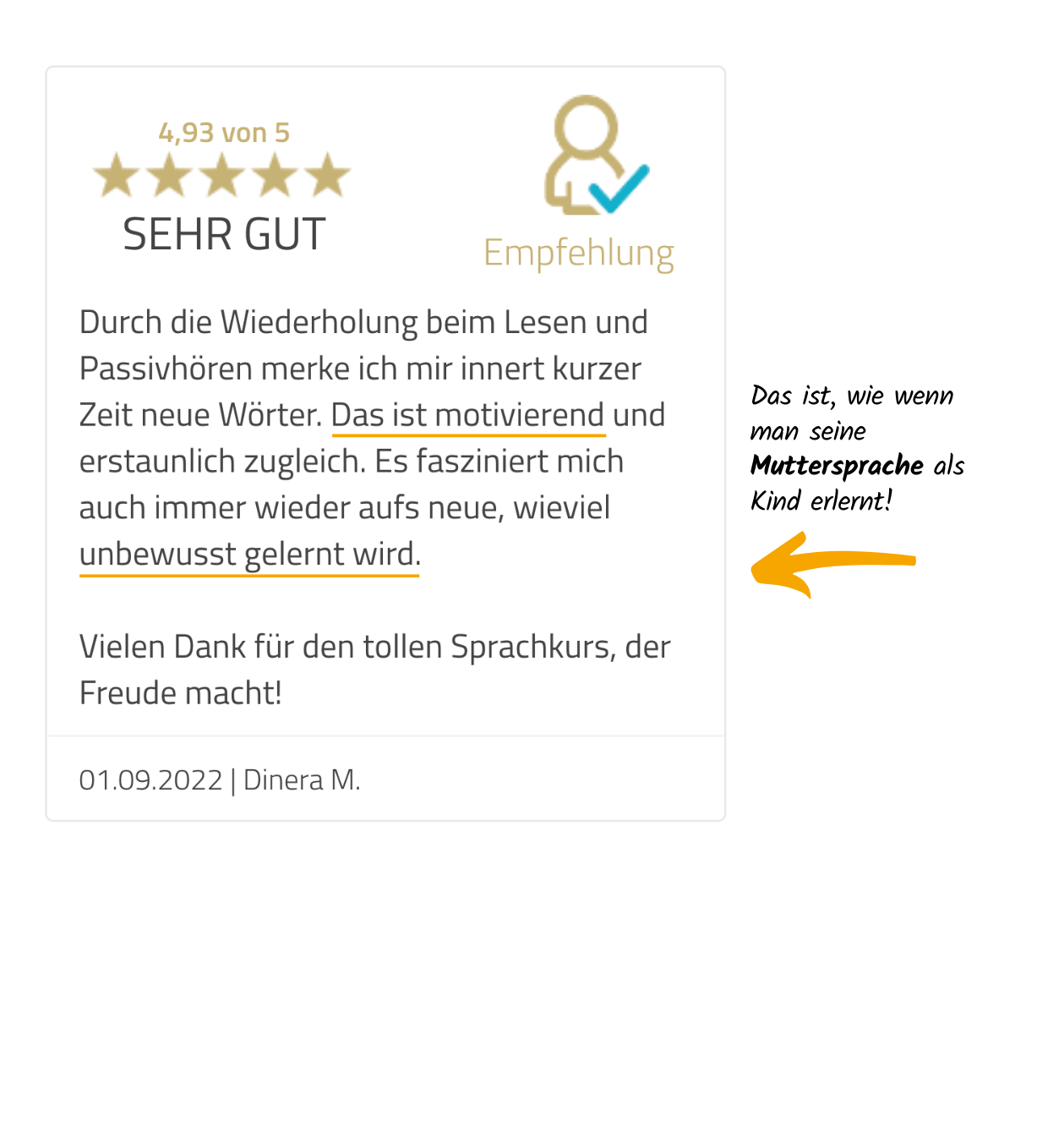 2-Vera-Birkenbihl-Online-Sprachkurs-5-Sterne-Kundenrezension-Klarsicht-Verlag 5-Sterne Rezension einer zufriedenen Birkenbihl-Sprachkurs Kundin, welche besonders durch das Passivhoeren schnelle Lernerfolge erzielt und sie dies sehr motiviert.