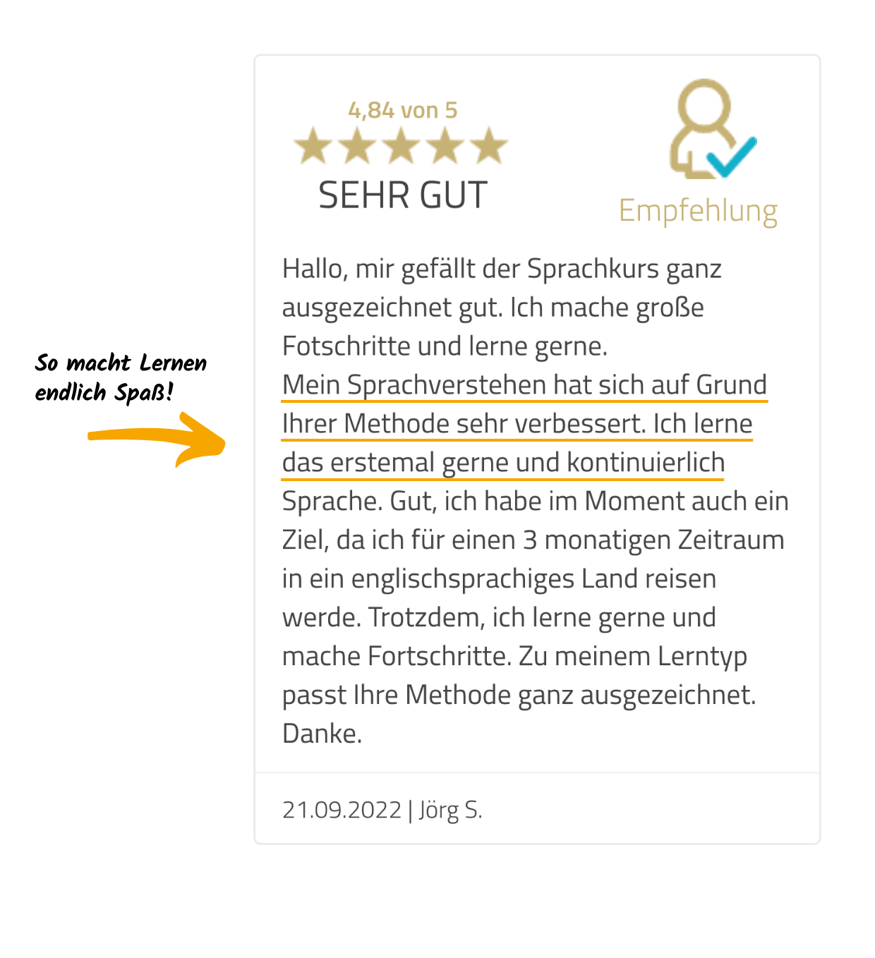 7-Vera-Birkenbihl-Online-Sprachkurs-5-Sterne-Kundenrezension-Klarsicht-Verlag 5-Sterne Rezension eines zufriedenen Birkenbihl-Sprachkurs Kunden, welcher das erste mal mit Freude und auch kontinuierlich lernt.