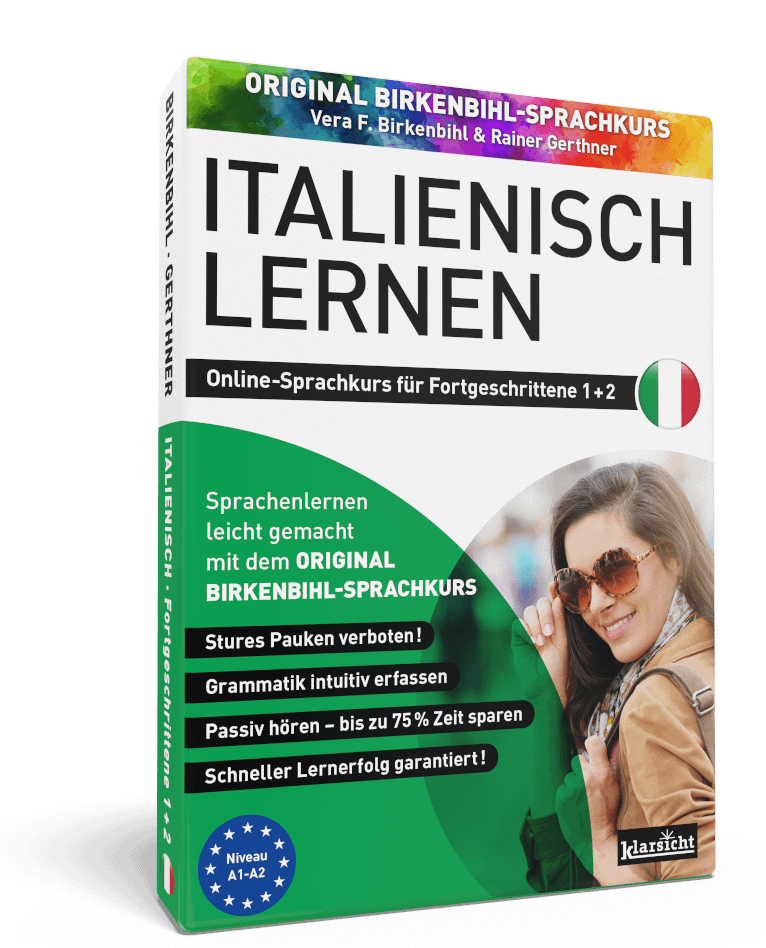 Vera Birkenbihl Online Sprachkurs Italienisch Fortgeschrittene | Klarsicht Verlag Der erfolgreiche Birkenbihl Online-Sprachkurs Italienisch fuer Fortgeschrittene mit einer huebschen jungen Frau, welche laechelnd zurueckblickt.