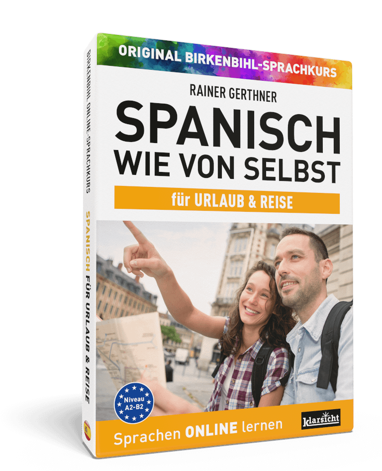Vera Birkenbihl Online Sprachkurs Spanisch Reise | Klarsicht Verlag Der erfolgreiche Birkenbihl Online-Sprachkurs Spanisch wie von selbst fuer Urlaub und Reise mit einem gluecklichen Paar, die sich Sehenswürdigkeiten ansehen auf dem Titelbild.