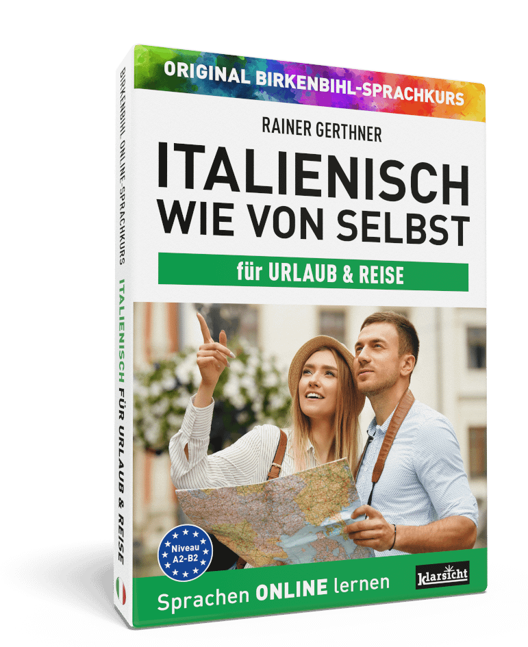 Vera Birkenbihl Online Sprachkurs Italienisch Reise | Klarsicht Verlag Der erfolgreiche Birkenbihl Online-Sprachkurs Italienisch wie von selbst fuer Urlaub und Reise mit einem gluecklichen Paar, die sich Sehenswuerdigkeiten ansehen, auf dem Titelbild.