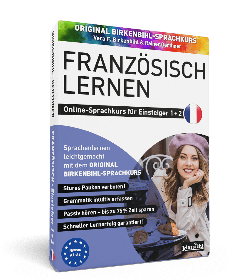 Vera Birkenbihl Online Sprachkurs Franzoesisch Einsteiger | Klarsicht Verlag Der erfolgreiche Birkenbihl Online-Sprachkurs Französisch fuer Einsteiger mit einer gluecklichen jungen Frau mit Croissants an einem Cafétisch auf dem Titelbild.