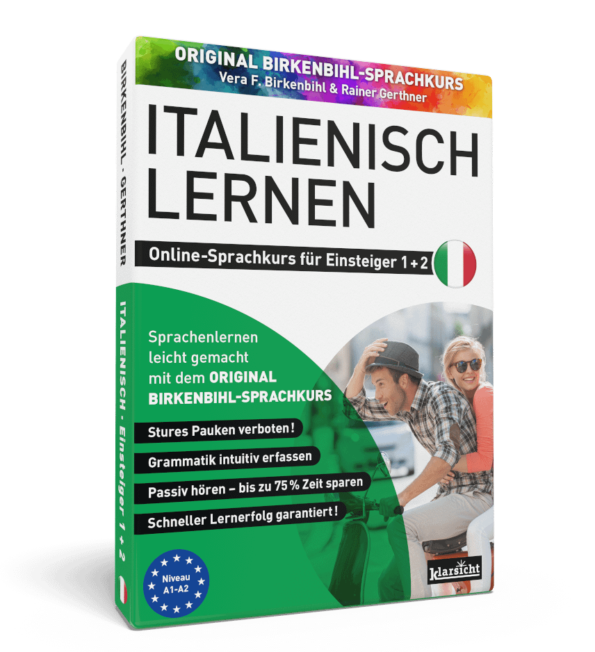Vera-Birkenbihl-Online-Sprachkurs-Italienisch-Einsteiger-Klarsicht-Verlag Der erfolgreiche Birkenbihl Online-Sprachkurs Italienisch fuer Einsteiger mit einem gluecklichen Paar auf einer Vespa auf dem Titelbild.